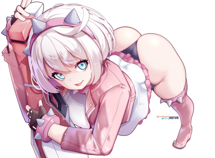 1girls ass ass_focus bent_over big_ass big_breasts blue_eyes dat_ass elphelt_valentine female_only firearm guilty_gear guilty_gear_strive guilty_gear_xrd gun heel_boots heels hotvr light-skinned_female light_skin looking_at_viewer pale-skinned_female pale_skin panties revealing_clothes rifle solo solo_female solo_focus spiked_bracelet spiked_collar thick_ass thick_thighs tiny_waist upskirt wedding_dress white_hair