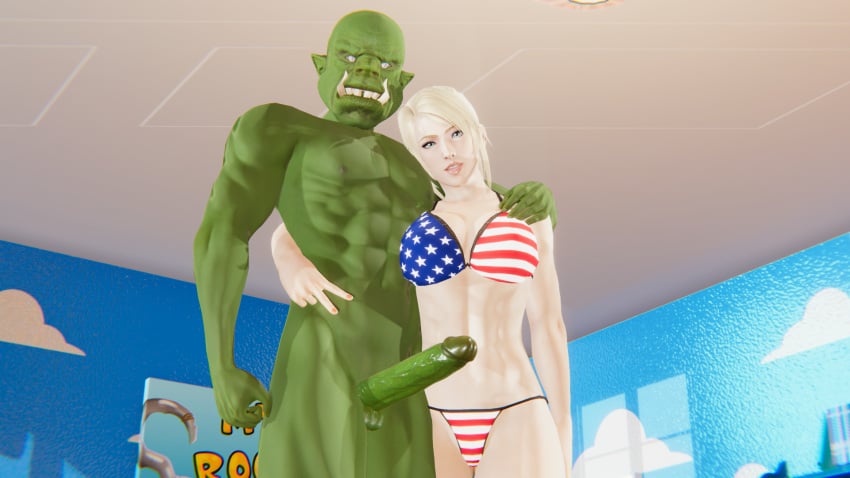 3d 3d_(artwork) american_flag_bikini big_penis blonde_hair female gateaurealm honey_select honey_select_2 huge_cock human_female interspecies light-skinned_female light_skin male orc orc_male ponytail sarah_bryant virtua_fighter