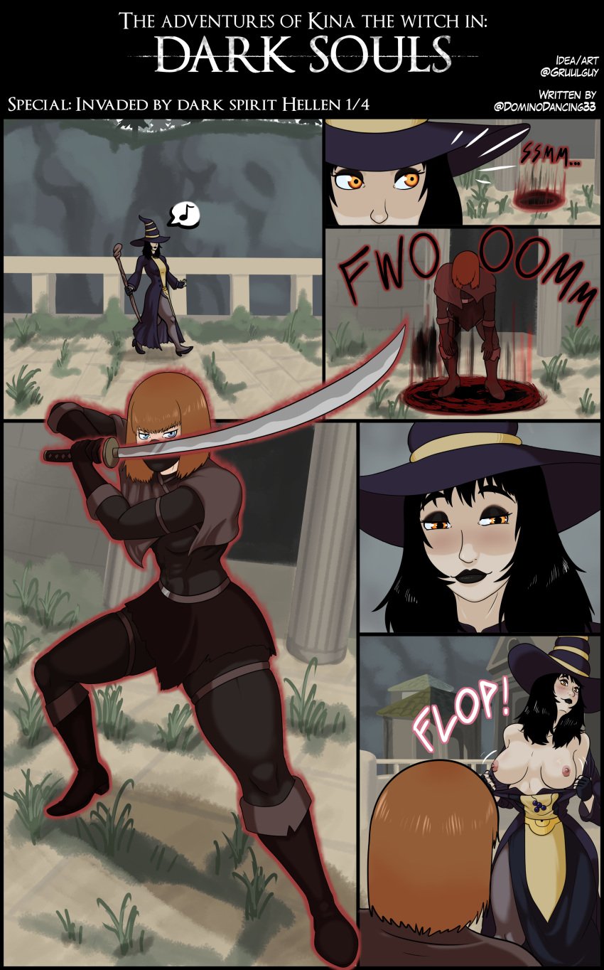 2girls black_hair black_lipstick black_nails blue_eyes bluestrikerbomber blush bob_cut breasts breasts_out brown_hair comic comic_page dark_souls dominodancing33 facemask female female_only fit_female goth goth_girl gruulguy hellen_(bluestrikerbomber) human katana kina_the_witch light-skinned_female light_skin lipstick makeup mostly_clothed multiple_girls original_character outdoors page_1 part_4 red_eyes self_upload standing sword text very_high_resolution witch yuri