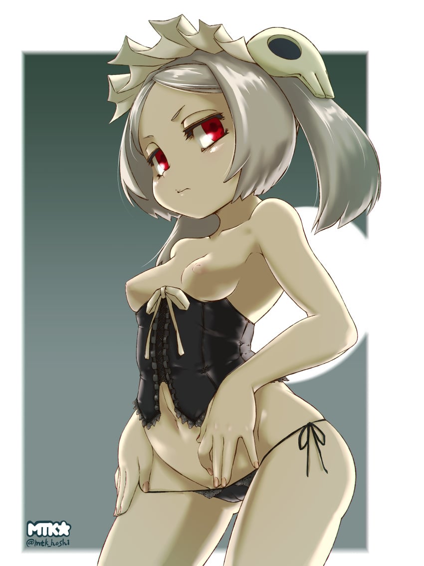 1girls ass belly belly_button bloody_marie breasts clothing corset disgusted disgusted_look female female_only hair_ornament high_resolution inverted_nipples looking_at_viewer maid_headdress mtk_hoshi nipples paid_reward pale_skin panties partially_nude petite red_eyes short_hair skullgirls small_breasts symbol-shaped_pupils thighhighs thighs topless underwear white_background white_hair