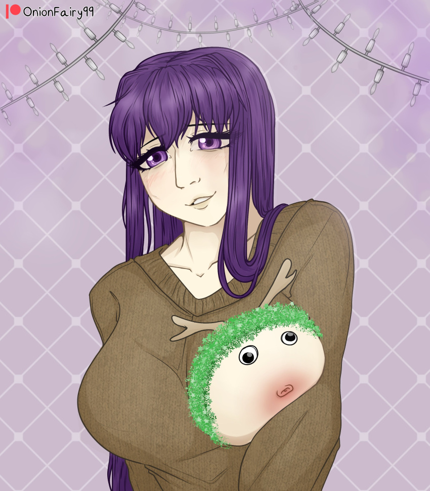 1female 1girls artist_name big_breasts breast breast_out breast_outside breasts christmas christmas_lights collarbone doki_doki_literature_club female female_focus girl googly_eyes holidays long_hair meme_attire nip nipple onionfairy99 onionfairylewds patreon_username purple_eyes purple_hair sweater yuri_(doki_doki_literature_club)