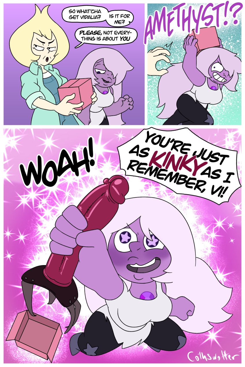 2girls amethyst_(steven_universe) clothed comic comic_page cothswoller dialogue dildo english_text gem_(species) starry_eyes steven_universe strap-on strapon text vidalia_(steven_universe)