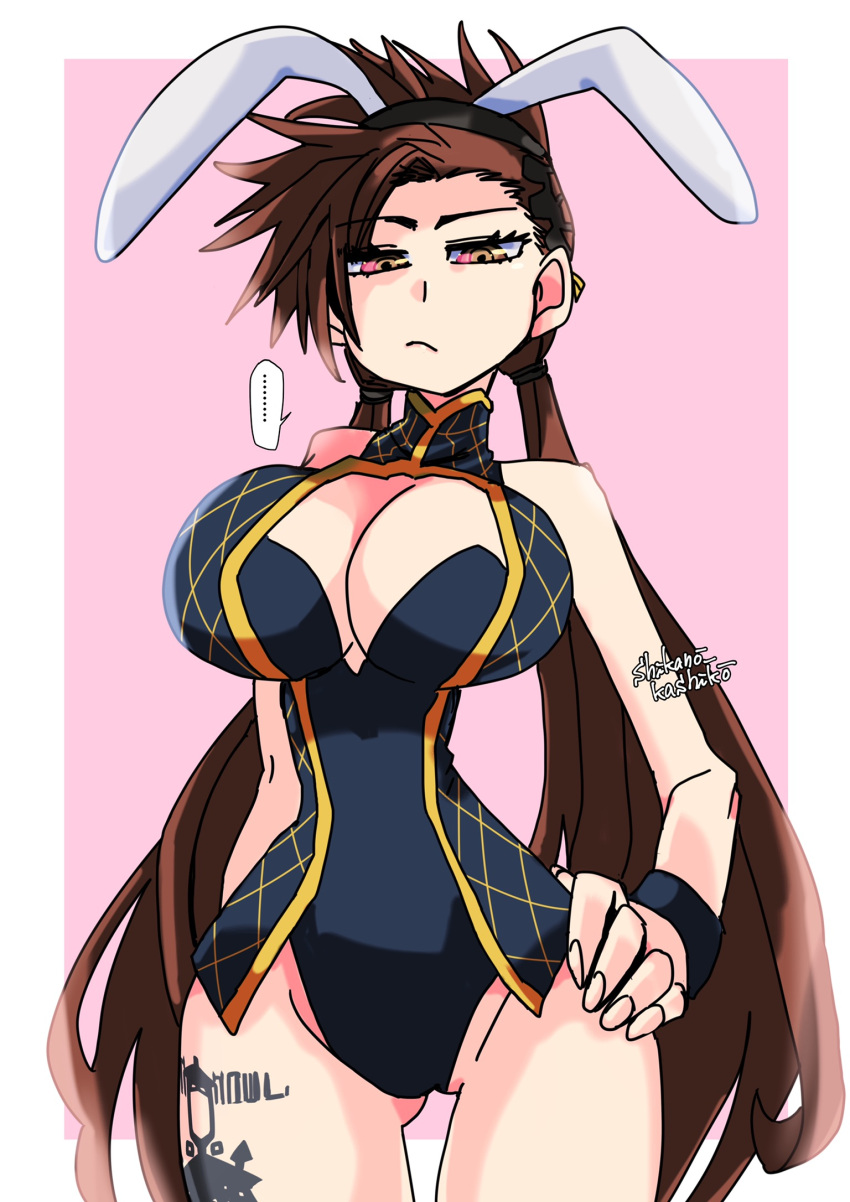 ... 1girls big_breasts boob_window breast_window brown_hair bunny_ears bunny_ears_headband bunny_girl bunny_suit bunnysuit cleavage cleavage_window clothed clothed_female clothing dorothea_coyett fake_animal_ears fake_bunny_ears fate/samurai_remnant fate_(series) female female_only frown frowning hand_on_hip hand_on_own_hip leg_tattoo light-skinned_female light_skin light_skinned_female long_hair long_twintails solo solo_female speech_bubble tattoo tattoo_on_legs text_bubble twintails wide_hips yellow_eyes