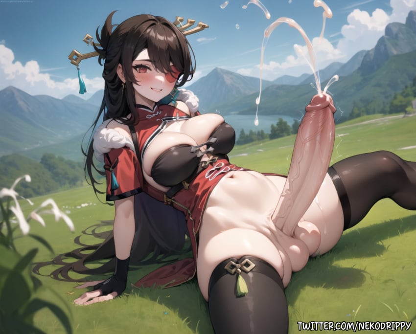 1futa 2023 ai_generated ai_hands arm_support beidou_(genshin_impact) big_balls big_cock big_penis black_hair blue_sky blurry_foreground blush body_of_water bottomless_futanari cloud cum cum_on_body day daytime depth_of_field dickgirl dutch_angle ejaculation eyepatch fingerless_gloves futa_only futanari genshin_impact grass handsfree_ejaculation highres large_penis long_penis looking_at_viewer masturbation meadow monster_cock mountainous_horizon nature navel nekodrippy no_bra on_grass outdoors precum red_eyes sitting sitting_on_grass smooth_balls smooth_testicles solo spread_legs stable_diffusion three-quarter_view uncensored veiny_penis