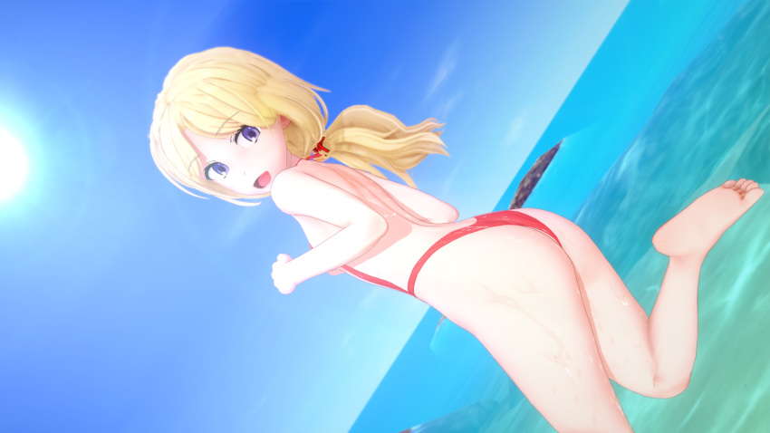 1girls 3d ass beach big_ass blonde_hair blue_eyes frenda_seivelun hi_res legs ocean open_mouth sling_bikini smile thighs to_aru_kagaku_no_railgun to_aru_majutsu_no_index water