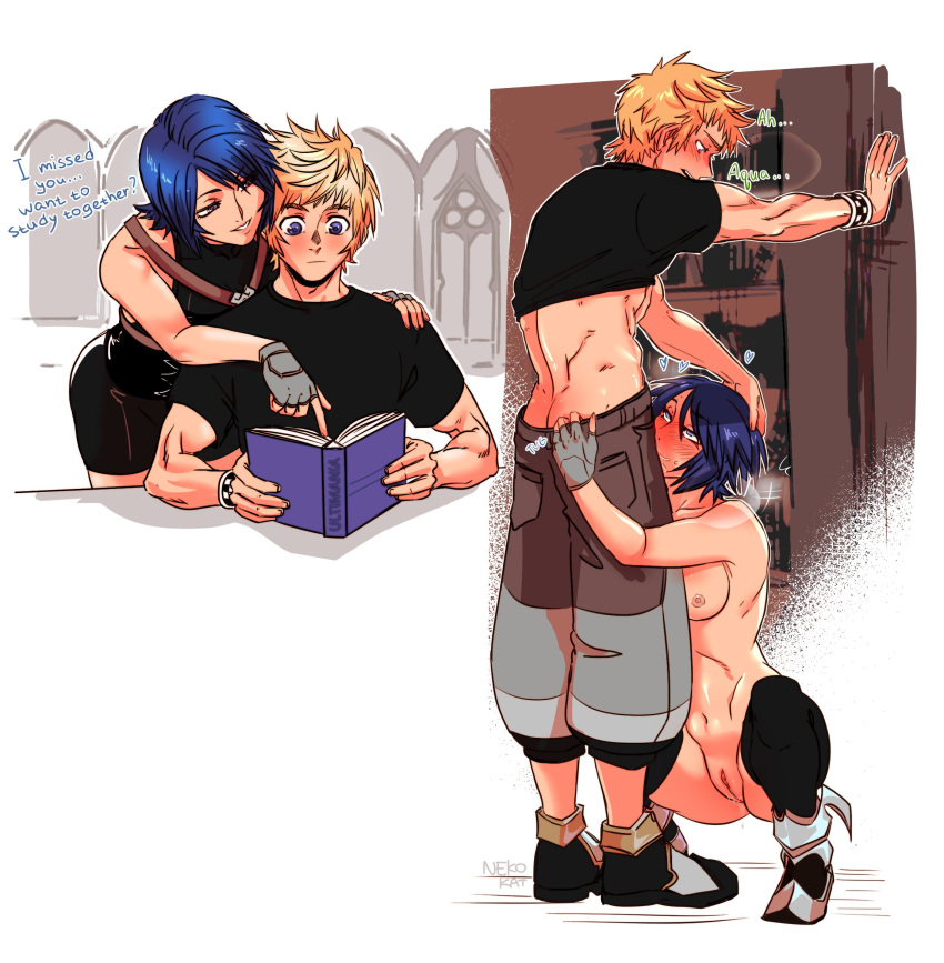 1boy1girl aged_up aqua_(kingdom_hearts) blonde_hair blue_eyes blue_hair blush kingdom_hearts nekokat42 nude straight ventus