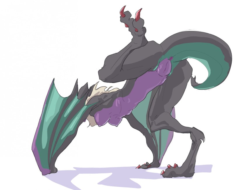 all_fours anus black_body breasts claws female feral generation_6_pokemon genitals hi_res membrane_(anatomy) membranous_wings nintendo nipples noivern one_leg_up pokemon pokemon_(species) purple_body pussy raised_leg rear_view scalie solo toe_claws winged_arms wings yamagah