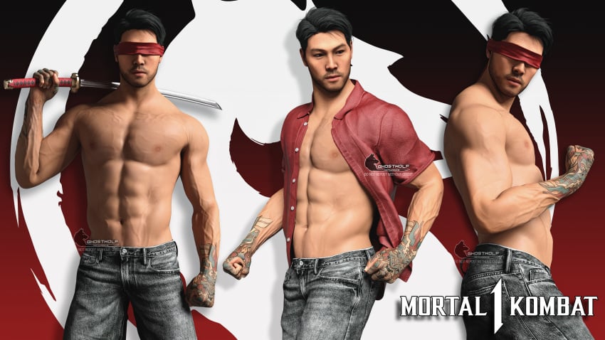 1boy 1human 1male abs asian black_hair brown_hair ghostwolf handsome human hunk japanese katana kenshi_takahashi male male_focus male_only male_pov male_solo masculine mortal_kombat mortal_kombat_1_(2023) muscular muscular_male netherrealm_studios nipples no_visible_genitalia pecs red_blindfold solo_male stud tattoo_on_hand veiny_muscles