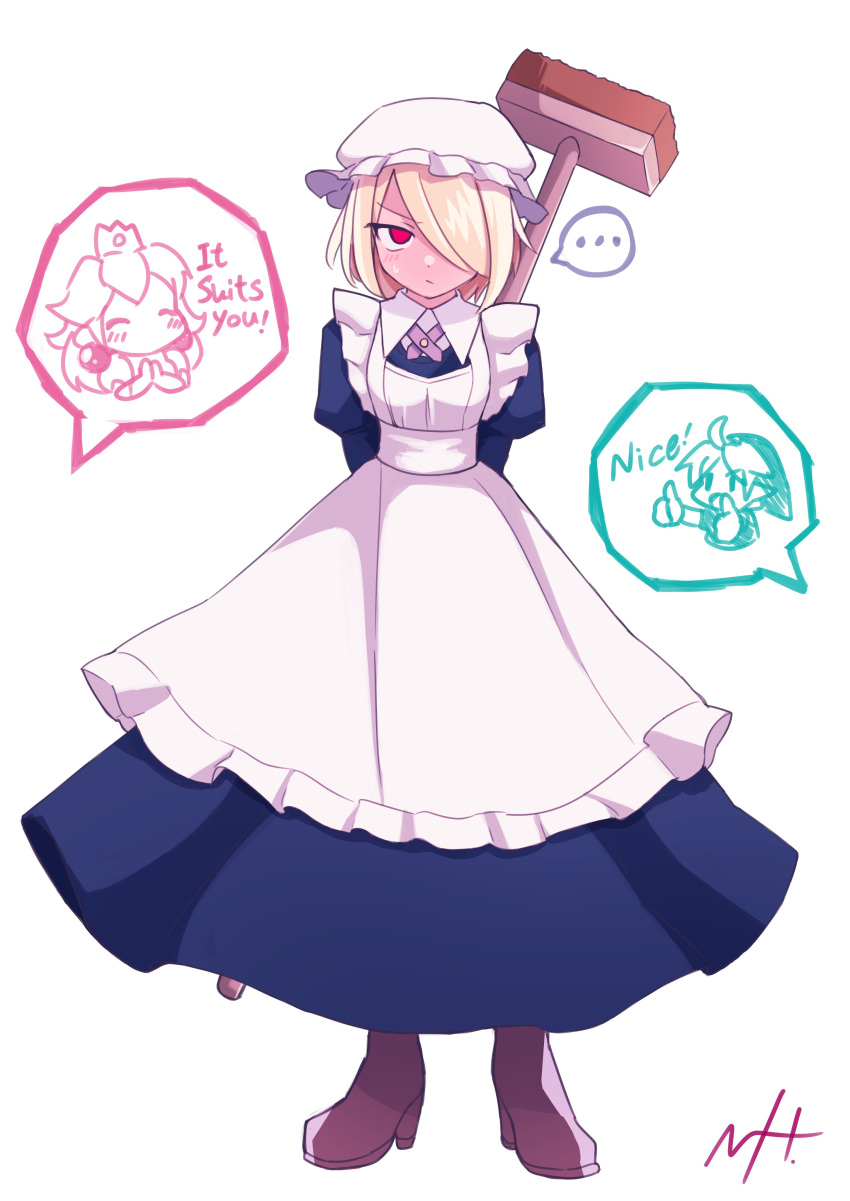 1boy 2girls apron blonde_hair broom closed_mouth full_body hat link looking_at_viewer maid maid_apron maid_headdress maid_uniform mario_(series) multiple_girls nintendo ocarina_of_time princess_peach red_eyes sheik short_hair simple_background super_smash_bros. supure647 text the_legend_of_zelda the_legend_of_zelda:_ocarina_of_time white_background