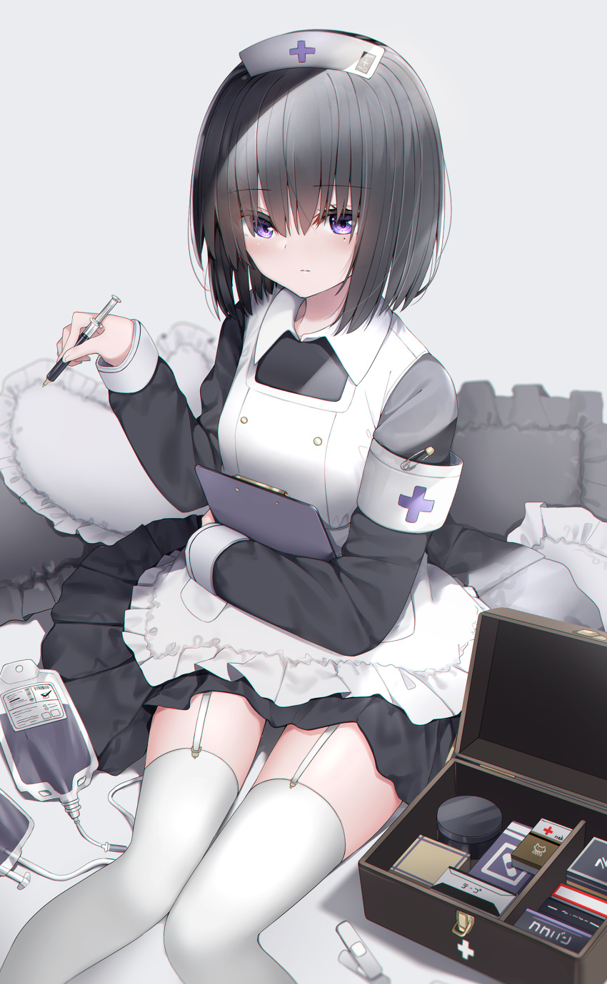 1girls apron black_hair breasts clipboard first_aid_kit garter_straps holding_clipboard holding_pen intravenous_drip looking_at_viewer medium_breasts medium_hair neku_(neku_draws) nurse nurse_cap nurse_uniform original pen pillow purple_eyes thighhighs