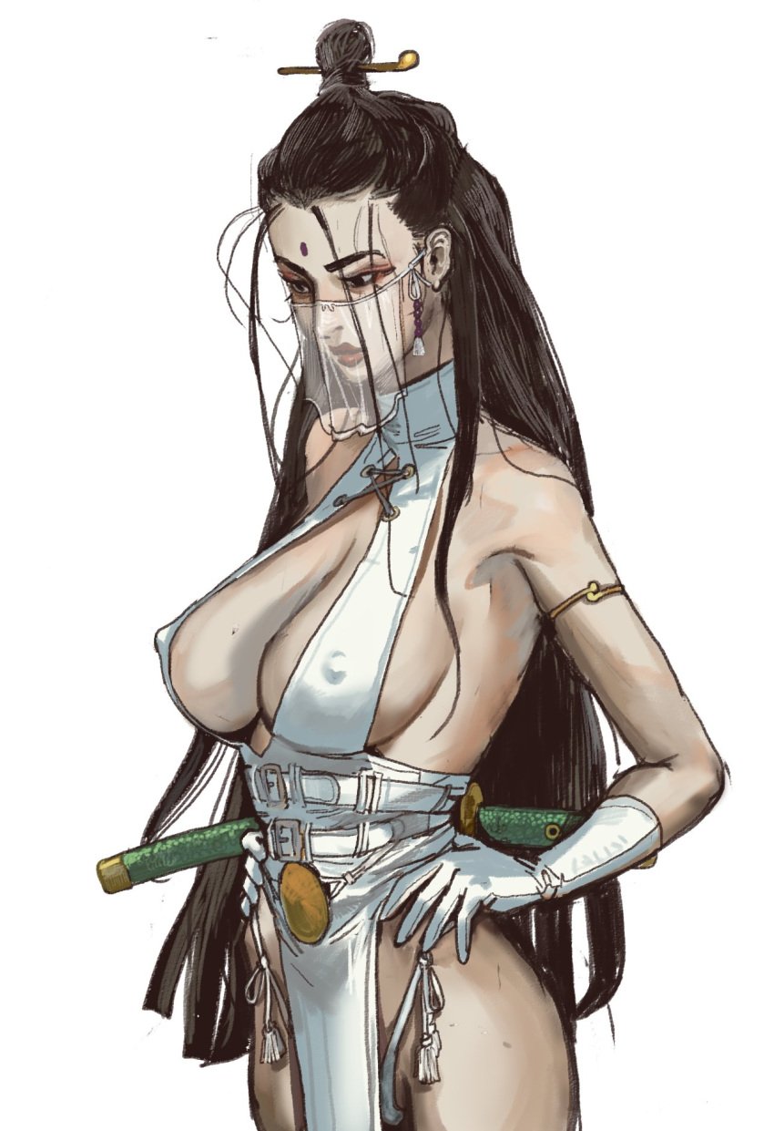 1girls big_breasts black_hair cleavage erect_nipples_under_clothes face_veil female female_only human human_only large_breasts long_hair mossa solo solo_female sword thong