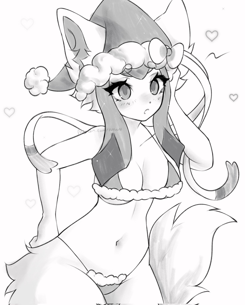 1girls 2023 big_breasts blush blush_lines bra breasts christmas eeveelution eyelashes female female_only fluffy fluffy_tail furry furry_only generation_4_pokemon glaceon hand_on_head hand_on_hip heart inner_ear_fluff ivyuun navel panties pokémon_(species) pokemon pokemon_(species) pokemon_dppt santa_hat simple_background sylveon sylveon_(cosplay) tail