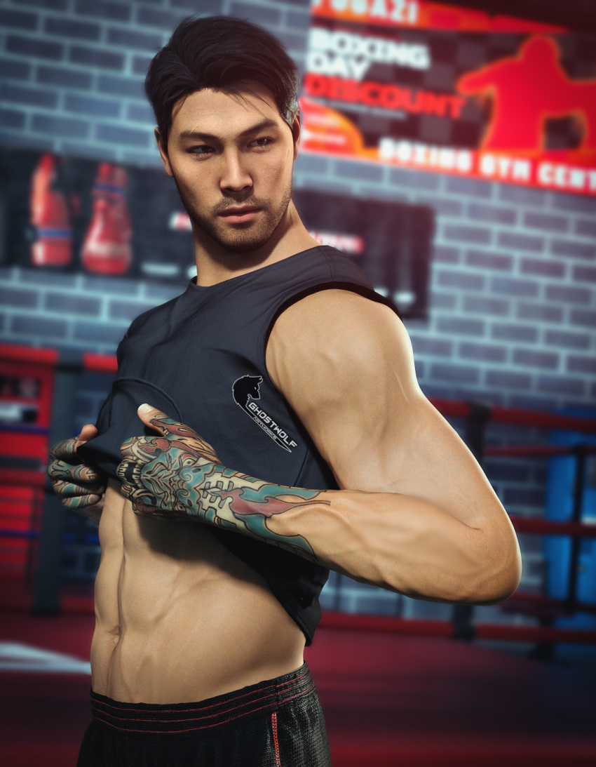 1boy 1human 1male abs asian black_hair boxing_ring brown_eyes ghostwolf gym human indoors intense_stare japanese kenshi_takahashi lean_body lean_muscle male male_focus male_only male_pov male_solo manly masculine mortal_kombat mortal_kombat_1_(2023) muscles muscular muscular_male netherrealm_studios no_visible_genitalia shirt shirt_lift shirt_up solo_male working_out workout workout_clothes