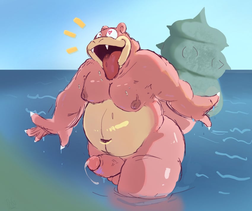 anthro balls boner debudraws erection male male_only nintendo nude overweight penis pink_body pokemon slowbro slowbro_(debudraws) solo solo_male tongue_out