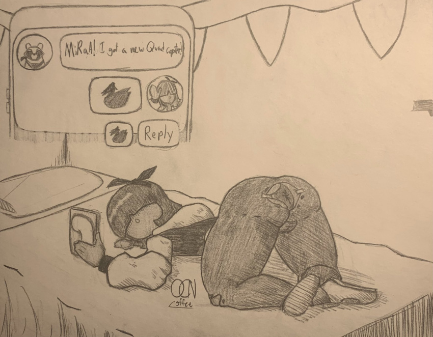 arched_back donut_county mira_(donut_county) pencil_(artwork) tagme texting traditional_media_(artwork)