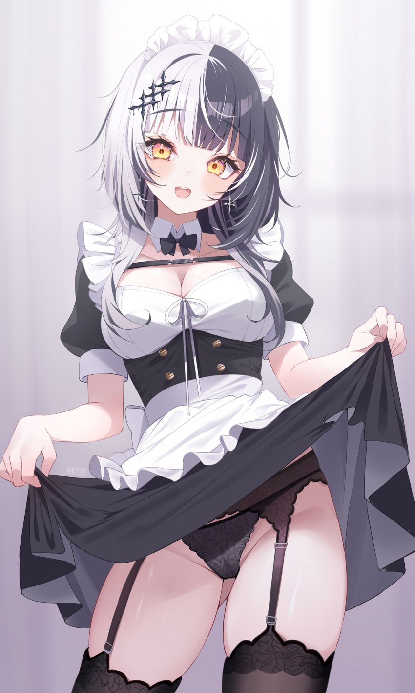 1girls alternate_costume apron ass_visible_through_thighs bangs big_breasts black_bow black_bowtie black_dress black_hair black_panties black_thighhighs black_underwear blunt_bangs blurry blurry_background blush blushing_at_viewer bow bowtie breasts chest_strap cleavage collar cowboy_shot detached_collar deyui dress enmaided eyebrows_visible_through_hair female frilled_apron frills garter_belt garter_straps headwear highres hololive hololive_english hololive_english_-advent- huge_breasts large_breasts light-skinned_female light_skin looking_at_viewer maid maid_apron maid_headdress maid_outfit maid_uniform multicolored_hair open_mouth panties puffy_short_sleeves puffy_sleeves shiori_novella short_sleeves skirt_hold skirt_lift smile smiling smiling_at_viewer solo split-color_hair streaked_hair teeth thighhighs two_tone_hair underwear upper_teeth upper_teeth_only virtual_youtuber waist_apron white_collar white_hair white_headwear yellow_eyes