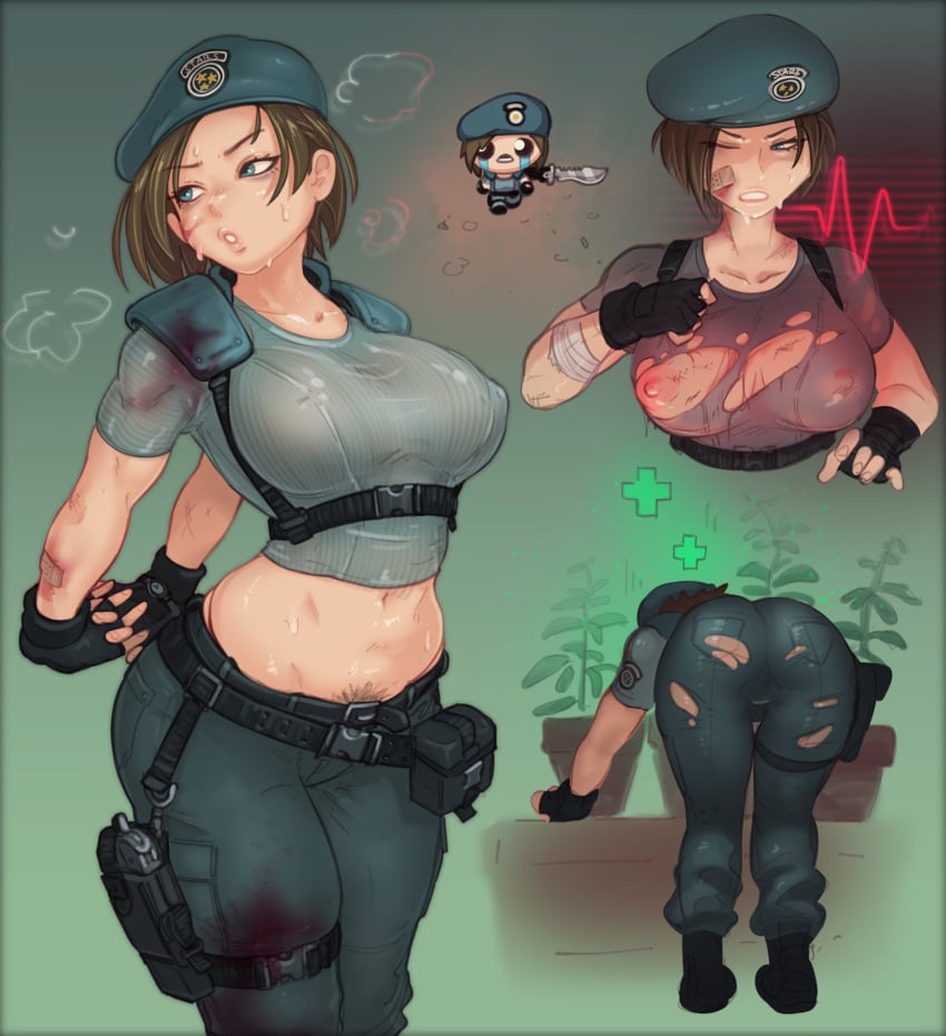 1girls areolae big_breasts blue_eyes brown_hair butt capcom hi_res jill_valentine justrube large_breasts nipples pubic_hair_peek resident_evil resident_evil_remake ripped_clothing rube short_hair wounded