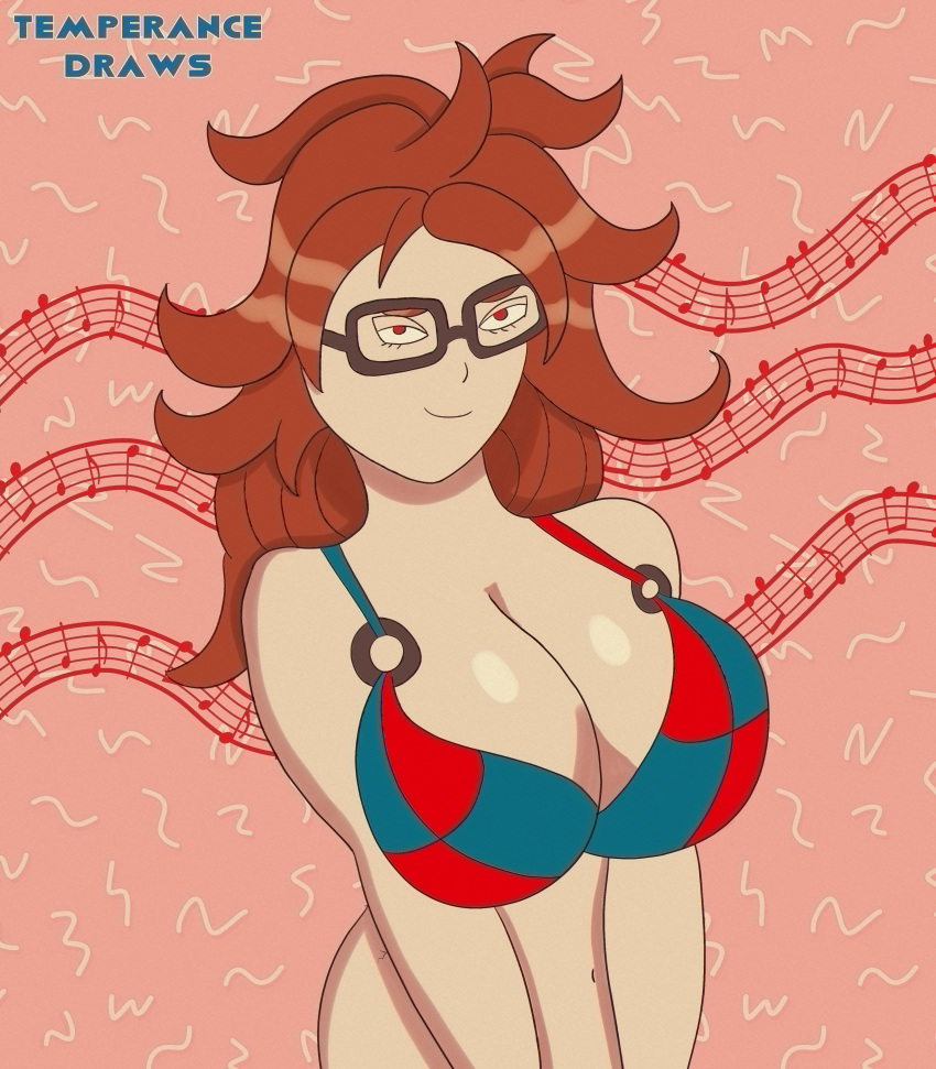 1girls android android_21 bra breast_squeeze breasts brown_hair dragon_ball dragon_ball_fighterz female female_only femsub glasses hypnosis large_breasts long_hair mind_control musical_note red_eyes smile temperancedraws