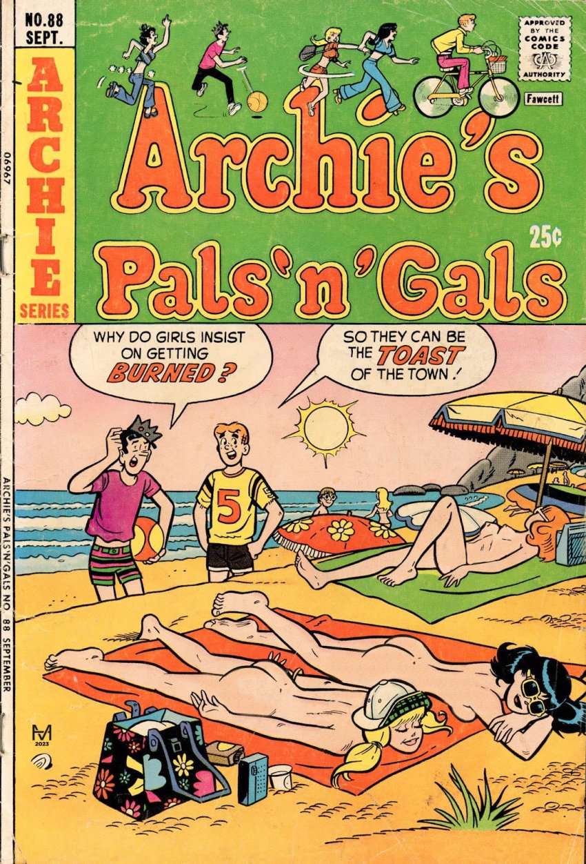 2boys 2girls archie_andrews archie_comics ass beach beach_towel betty_and_veronica betty_cooper blonde_hair brown_hair casual comic_cover female human jughead_jones male moriartyhide nude nude_female pale_skin public sunbathing veronica_lodge