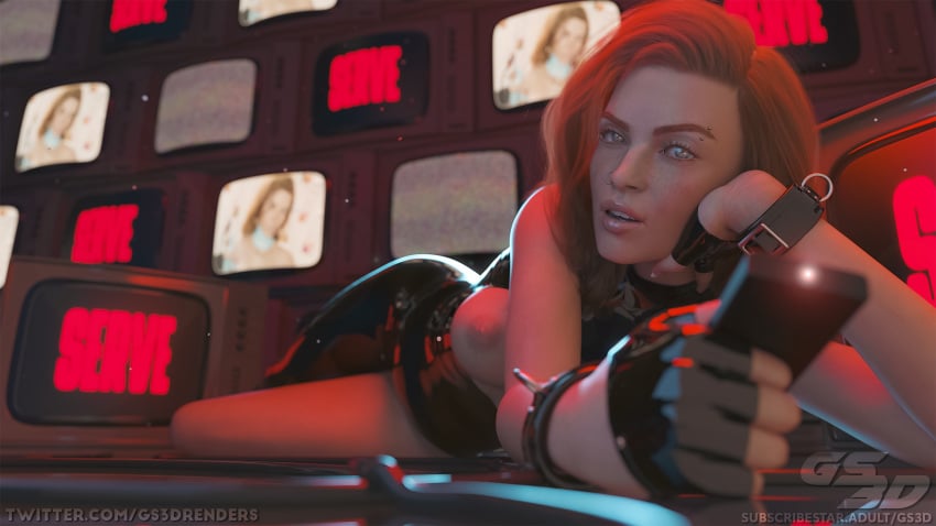 blue_eyes broadcast dominant dominant_female domme electronics exposed_breasts exposed_nipples gs3d latex latex_bodysuit latex_clothing latex_gloves latex_suit red_hair rubber rubber_clothing rubber_gloves rubber_suit television television_screen