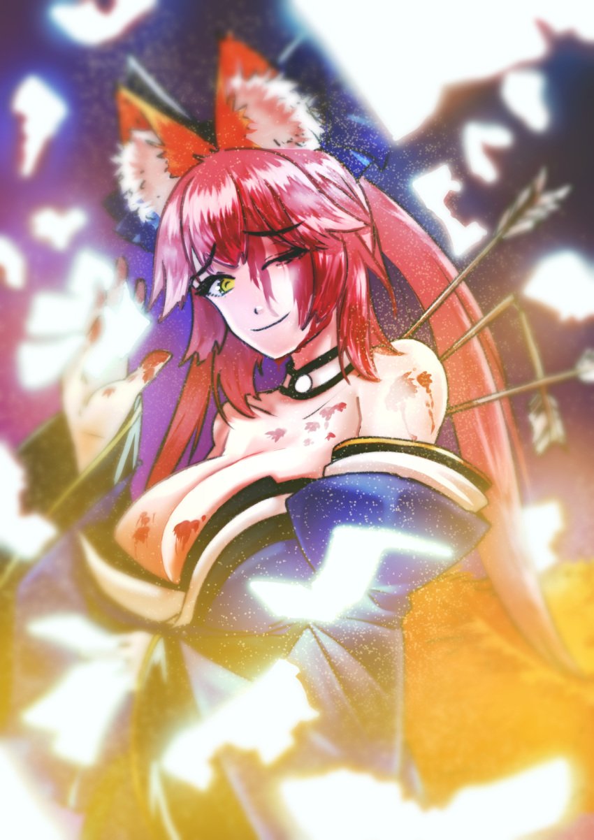 animal_ear_fluff animal_ears arrow_(projectile) arrow_in_body bare_shoulders blood blood_in_hair blood_on_face blood_on_hands blue_kimono bow breasts choi_yuan_(qsta) cleavage detached_sleeves fate/grand_order fate_(series) female fox_ears fox_girl fox_tail hair_ribbon hairbow highres japanese_clothes kimono large_breasts long_hair looking_at_viewer one_eye_closed pink_hair ribbon smile solo split_ponytail tail tamamo_no_mae_(fate) yellow_eyes