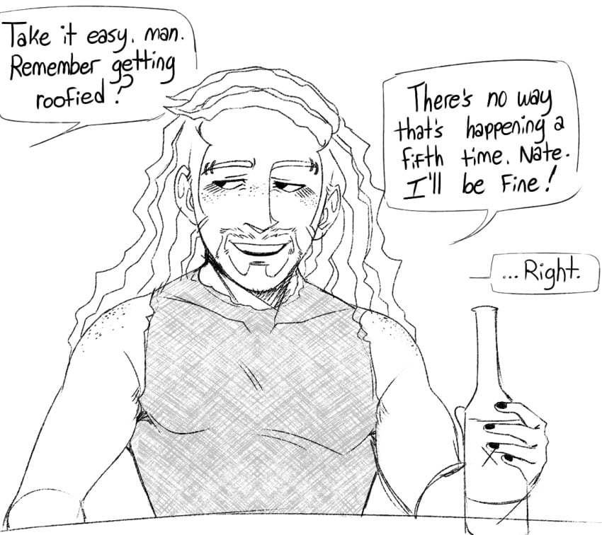 1boy alcohol_bottle alcoholic_drink beard beer_bottle before_sex clothed dethklok dialog dialogue doodle english_text metalocalypse no_color painted_nails pickles_the_drummer piercing piercings