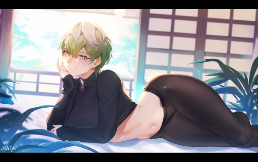 artist_name black_bra black_pantyhose black_sweater blue_eyes bra breasts closed_mouth clothes_lift crossed_arms feet_out_of_frame female green_hair hand_on_own_chin highres izumo_tenka letterboxed long_sleeves looking_at_viewer lying mato_seihei_no_slave navel on_side pantyhose scenery shipl short_hair smile solo stomach sweater sweater_lift turtleneck underwear