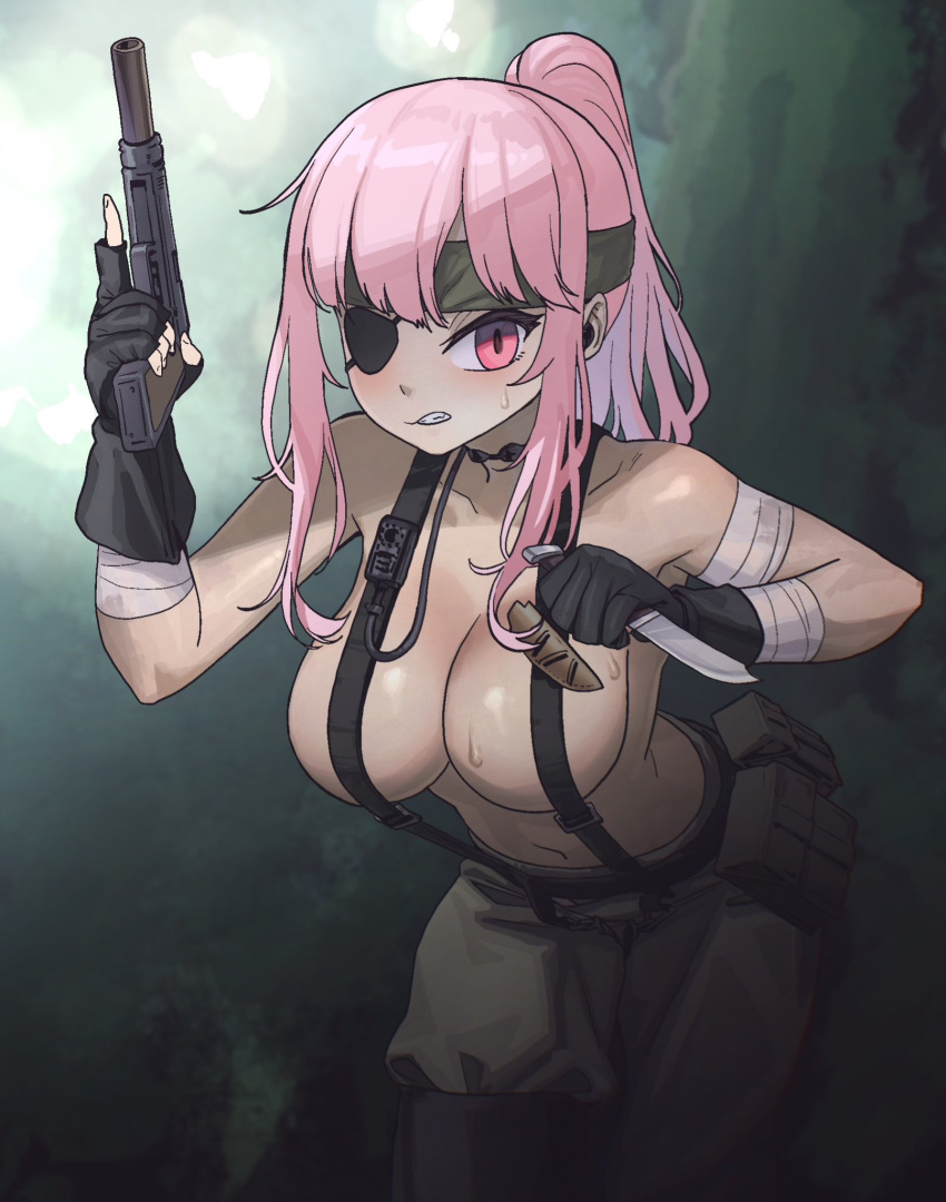 1girls breasts casual cleavage cosplay eye_patch female firearm gun handgun hololive hololive_english hololive_myth human knife metal_gear_solid mori_calliope pale_skin pink_hair red_eyes virtual_youtuber weapon zedgawr