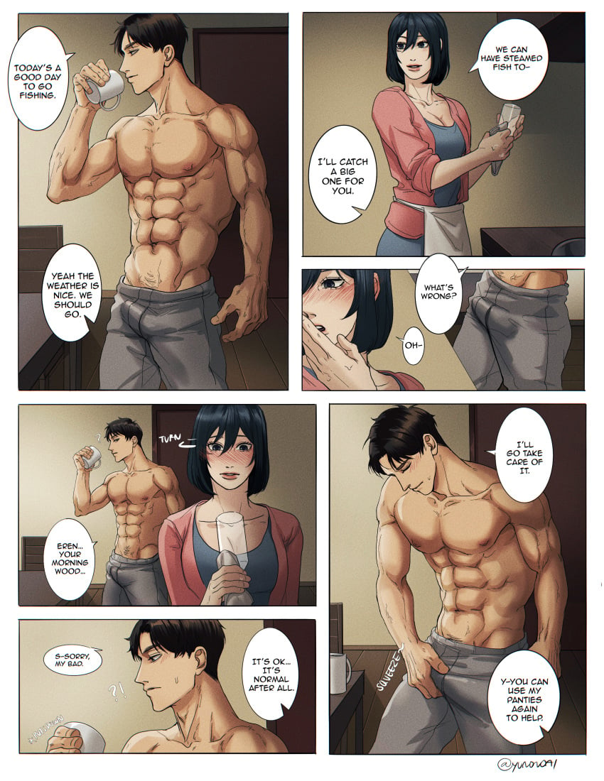 attack_on_titan big_breasts big_penis comic_page comics eren_jaeger family_sex fingering licking mikasa_ackerman shingeki_no_kyojin smelling underwear wet_pussy yuannaoi