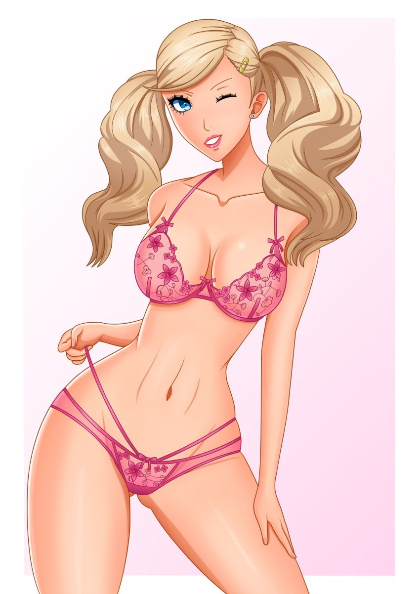 ann_takamaki atlus blonde_hair blue_eyes breasts female female_only lace lingerie lipstick persona persona_5 rrl0215 solo