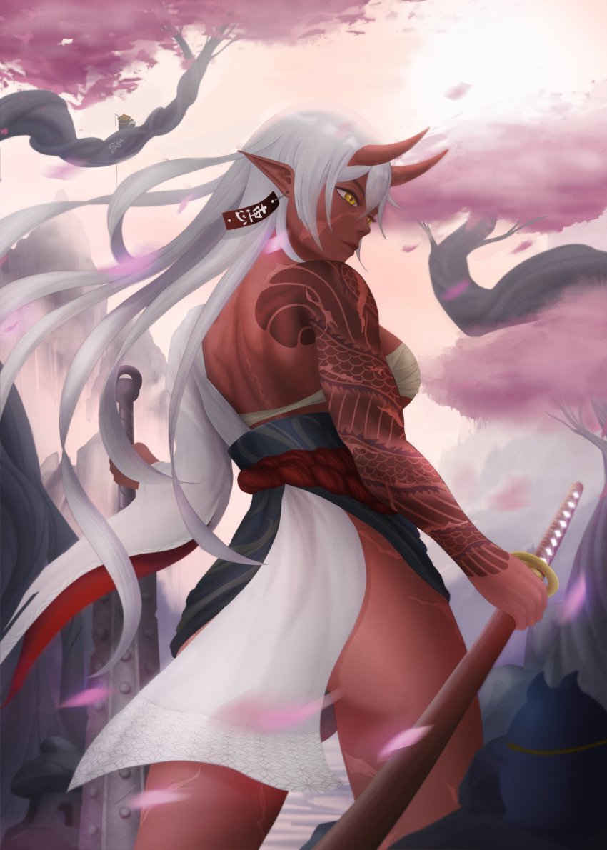 akumi breasts female horns looking_back oni oni_horns red_skin scars virtual_youtuber vyugen white_hair yellow_eyes