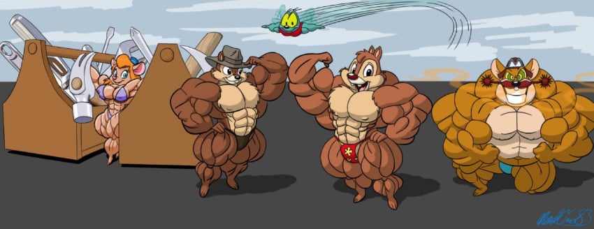 abs biceps big_breasts big_muscles bikini breasts chip chip_'n_dale_rescue_rangers dale disney female gadget_hackwrench goggles hat huge_muscles hyper_muscles large_breasts large_muscles male monterey_jack moustache muscles muscular muscular_arms muscular_female muscular_legs muscular_male muscular_thighs needs_more_mass pecs speedo zipper_(chip_'n_dale_rescue_rangers)