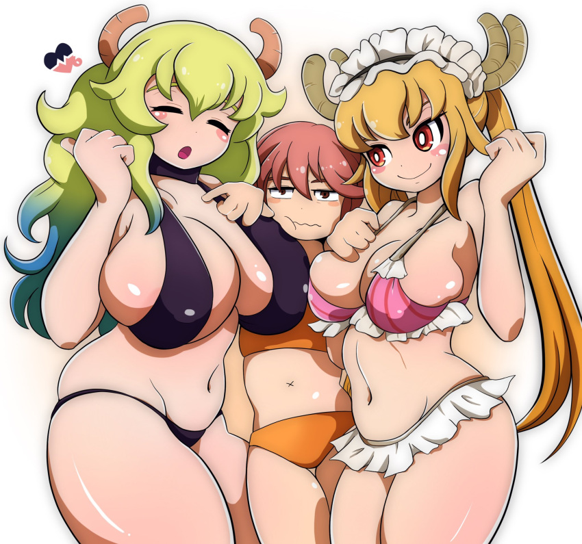 3girls annoyed big_breasts bikini bikini_bottom bikini_top black_bikini blonde_hair bottomwear breasts brown_eyes cinnamon6 cleavage closed_eyes female female_only hair hips horns huge_breasts kobayashi large_breasts long_hair maid maid_headdress mature mature_female mature_woman miss_kobayashi's_dragon_maid multiple_girls orange_bikini orange_eyes orange_hair pink_bikini quetzalcoatl_(dragon_maid) red_hair smile swimwear tohru_(dragon_maid) topwear twintails two_tone_hair