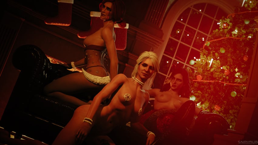 3d 3girls black_hair breasts christmas christmas_outfit christmas_tree ciri female lingerie nipples nude red_hair snayrub the_witcher_(series) the_witcher_3:_wild_hunt triss_merigold white_hair yennefer