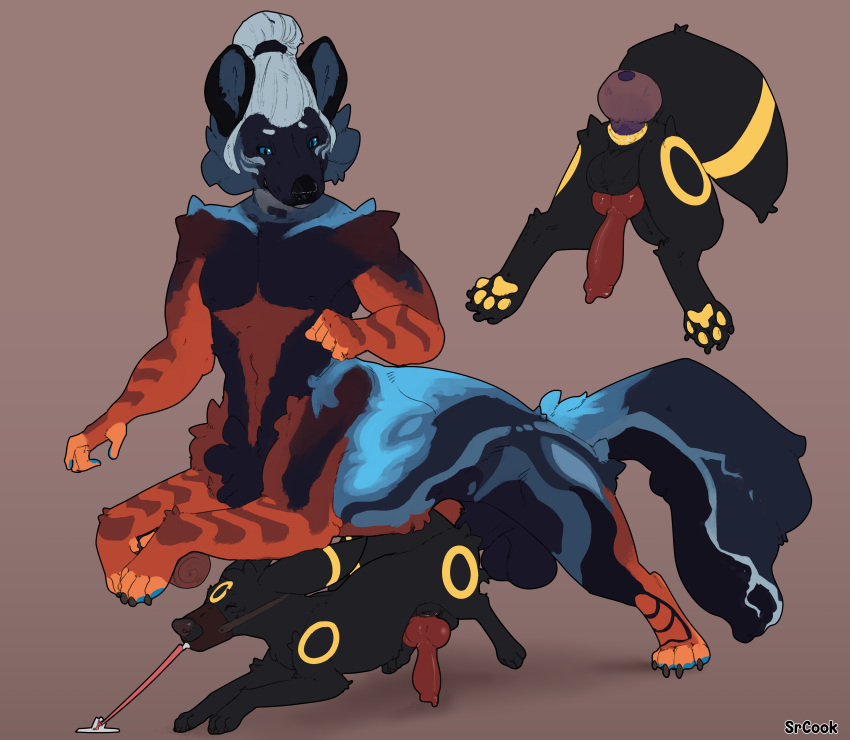 absurd_res animal_genitalia anus balls big_balls canine_genitalia duo eeveelution feral generation_2_pokemon genitals hi_res knot leash male male/male male_only muscular muscular_male muzzle_(object) nintendo paws penetration pokemon pokemon_(species) sheath size_difference srcook taur umbreon