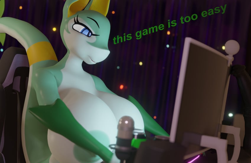 3d anthro areola big_breasts blue_eyes breasts camera computer electronics female generation_5_pokemon green_areola green_nipples hi_res huge_breasts molly_(xlkev) nintendo nipples pokemon pokemon_(species) reptile scalie serperior snake solo tail webcam xlkev