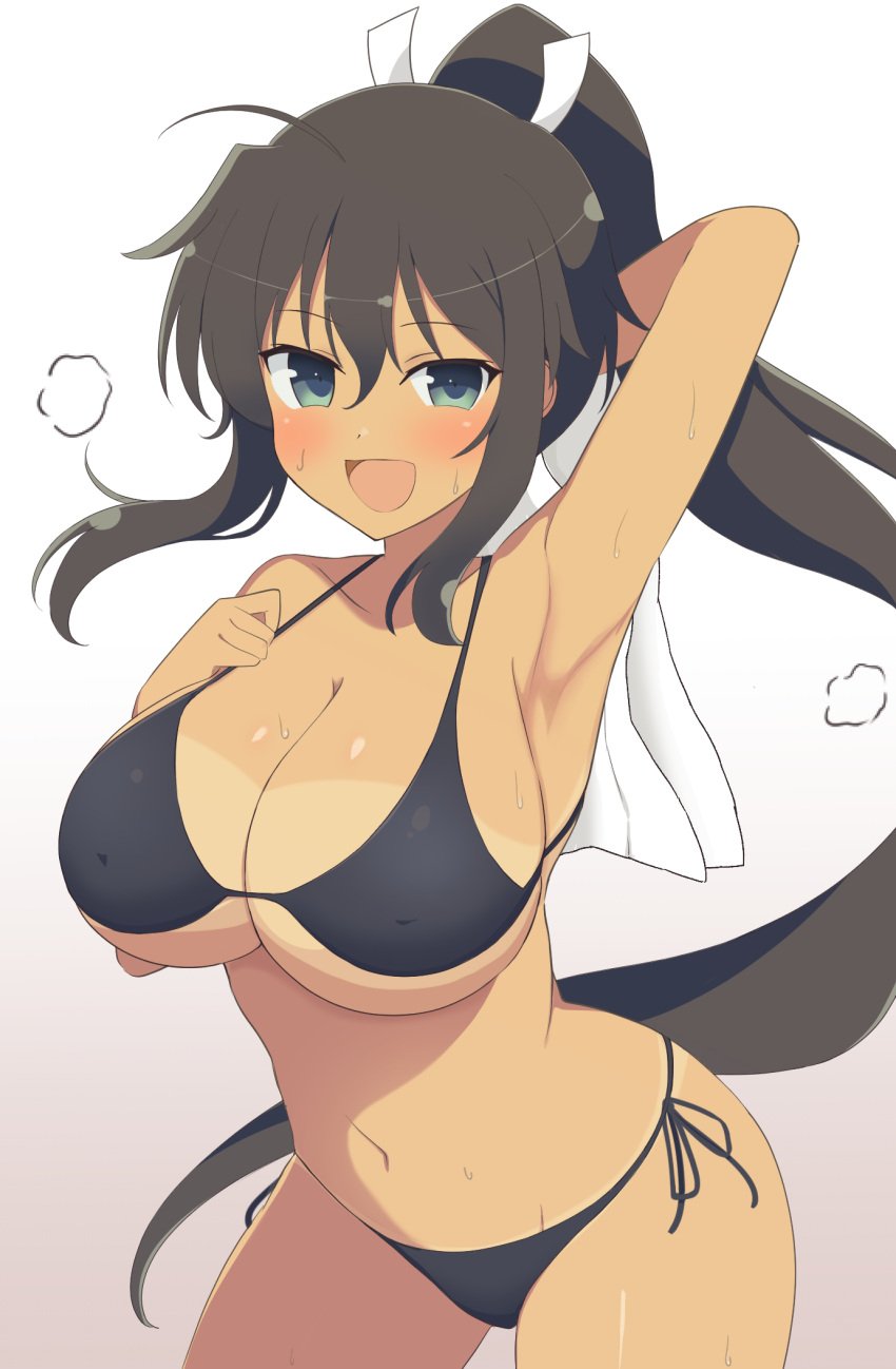 1girls ahoge arm_up armpits bangs bikini bikini_bottom bikini_top blue_eyes brown_hair cleavage collarbone female gradient gradient_background hair_ornament hand_behind_head holding_object homura_(senran_kagura) large_breasts light-skinned_female light_skin looking_at_viewer manjou marvelous midriff navel open_mouth ponytail senran_kagura senran_kagura_(series) senran_kagura_burst senran_kagura_estival_versus senran_kagura_new_link senran_kagura_shinovi_versus side-tie_bikini sidelocks simple_background smile solo standing straight_hair sweat sweating tanline tanned towel very_long_hair white_background