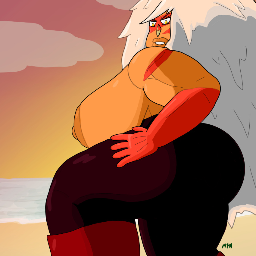 absurd_res alien alien_humanoid ass beach big_breasts big_butt boots breasts cartoon_network clothing cloud detailed_background female footwear gem_(species) hair hi_res humanoid jasper_(gem_species) jasper_(steven_universe) lips long_hair looking_at_viewer looking_back m4n markings muscular muscular_female nipples sea seaside side_boob solo steven_universe thick_lips thick_thighs tight_clothing water