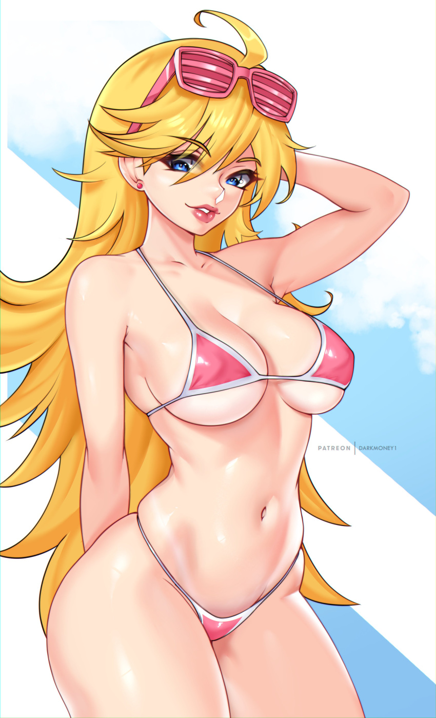 1girls big_breasts big_lips bikini bikini_bottom bikini_top blonde_hair blue_eyes bottomwear breasts cleavage darkmoney1 ear_piercing earrings female female_only fully_clothed hair hand_behind_head headwear hips huge_breasts lips long_hair panties panty_&_stocking_with_garterbelt panty_anarchy pink_bikini revealing_clothes skimpy_clothes solo solo_female sunglasses sunglasses_on_head swimwear thick_lips thick_thighs thighs topwear wide_hips