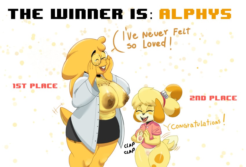 absurd_res alphys animal_crossing big_breasts bodily_fluids breasts canid canine canis clapping crying curvy_figure domestic_dog eyewear female female/female freckles genitals glasses gomezcat happy hi_res isabelle_(animal_crossing) mammal montgomery_glands nerd nintendo nipples pinup pose pussy reptile scalie tears undertale_(series)