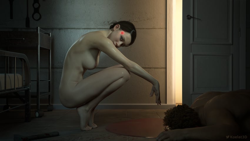 1boy 3d 3d_(artwork) android blood casual completely_nude death detroit:_become_human female human kara_(detroit:_become_human) koelet3d male male_death murder nude nude_female pale_skin sitting weapon