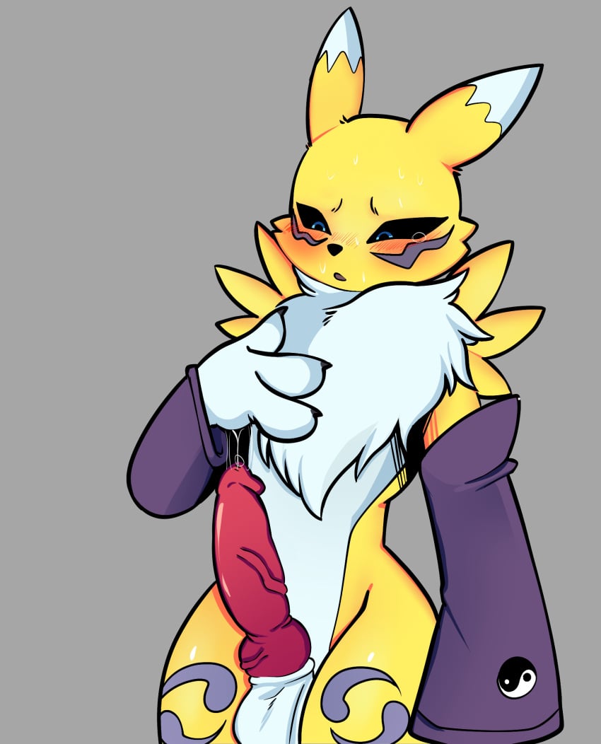 animal_ears animal_genitalia animal_penis anthro big_balls big_ears big_penis blue_eyes blush blushing color colored comission digimon digimon_(species) femboy furry lewdratus male male_only male_renamon no_background precum renamon sweat sweating valerednsfw veiny_penis yellow_fur