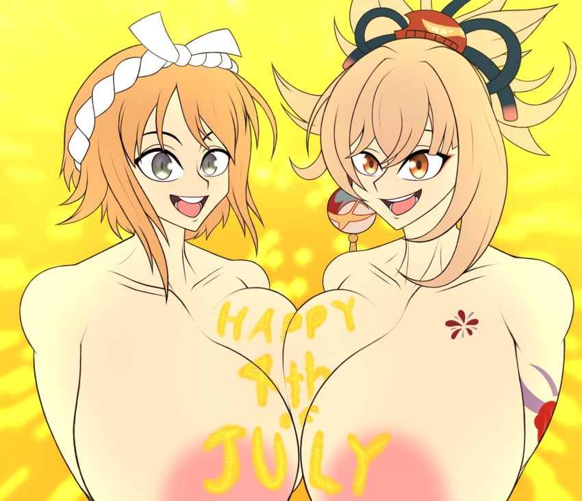 2023 2girls accessory areolae bangs blonde_hair breast_squeeze crossover dragonbreaker duo genshin_impact glitter green_eyes hanabi_(senran_kagura) headwear marvelous mihoyo multiple_girls nude nude_female open_mouth orange_eyes orange_hair ponytail senran_kagura smiling smiling_at_viewer symmetrical_docking tattoo tattooed_arm trait_connection yoimiya_(genshin_impact)