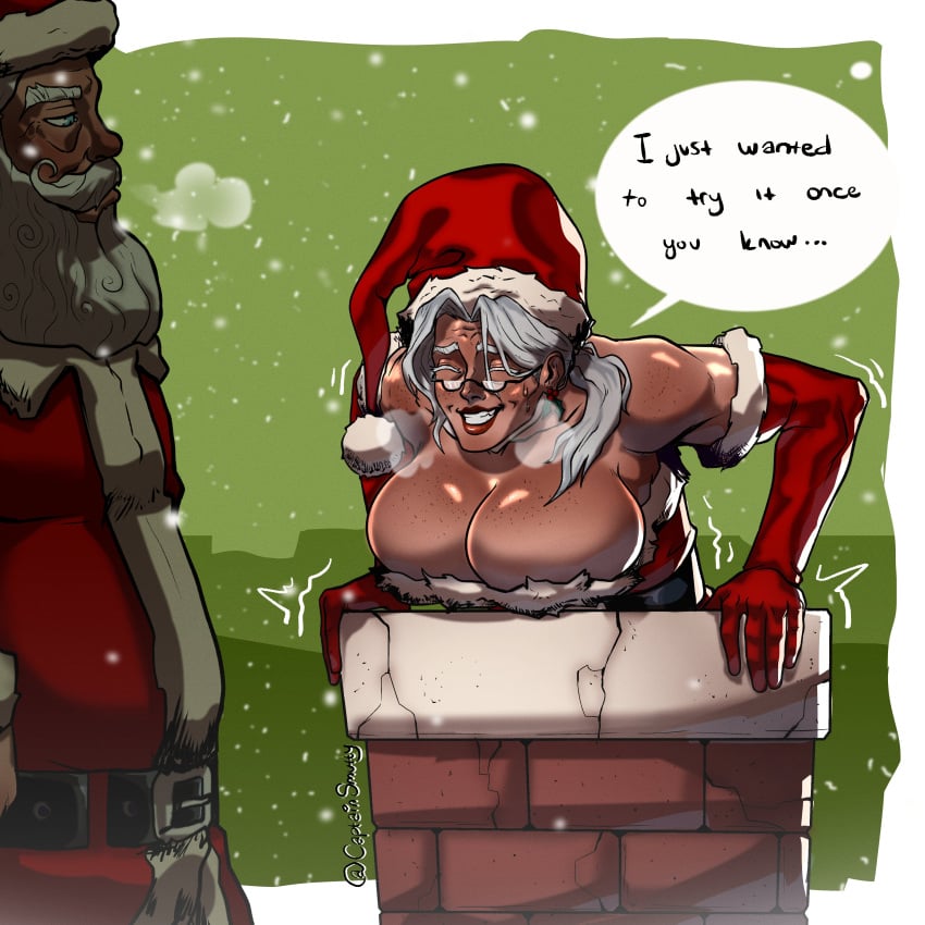 1boy 1girls breasts busty captainsmutty chimney christmas comic dialogue embarrassed english english_text female gilf glasses grey_hair huge_breasts male mature_female mrs._claus nervous_smile santa_claus snow speech_bubble text