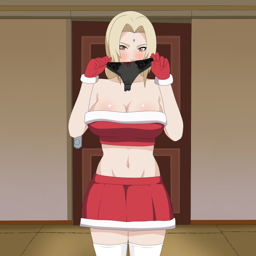 1girls big_breasts black_panties blonde_hair blush bow_panties breasts brown_eyes christmas christmas_clothing female female_only indoors looking_at_viewer miniskirt naruto naruto_(series) naruto_shippuden panties presenting_panties presenting_removed_panties rantuahelax skirt solo standing stockings tsunade underwear