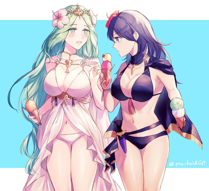 2girls alternate_costume bikini black_bikini black_swimsuit blue_hair breasts byleth_(female)_(fire_emblem) byleth_(female)_(summer)_(fire_emblem) byleth_(fire_emblem) byleth_(fire_emblem)_(female) cleavage commentary_request female female_only fire_emblem fire_emblem:_three_houses fire_emblem_heroes flower food green_eyes green_hair hair_flower hair_ornament highres holding_ice_cream_cone ice_cream ichi_(dndk01) large_breasts long_hair multiple_girls navel nintendo official_alternate_costume open_mouth rhea_(fire_emblem) rhea_(summer)_(fire_emblem) sideboob swimsuit white_bikini white_swimsuit