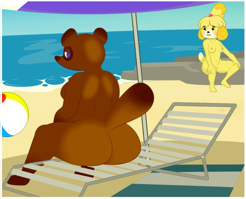 animal_crossing anthro ass beach big_butt breasts canid canine female isabelle_(animal_crossing) male mammal mature_male nintendo raccoon_dog seaside solo tanuki tom_nook villegreen