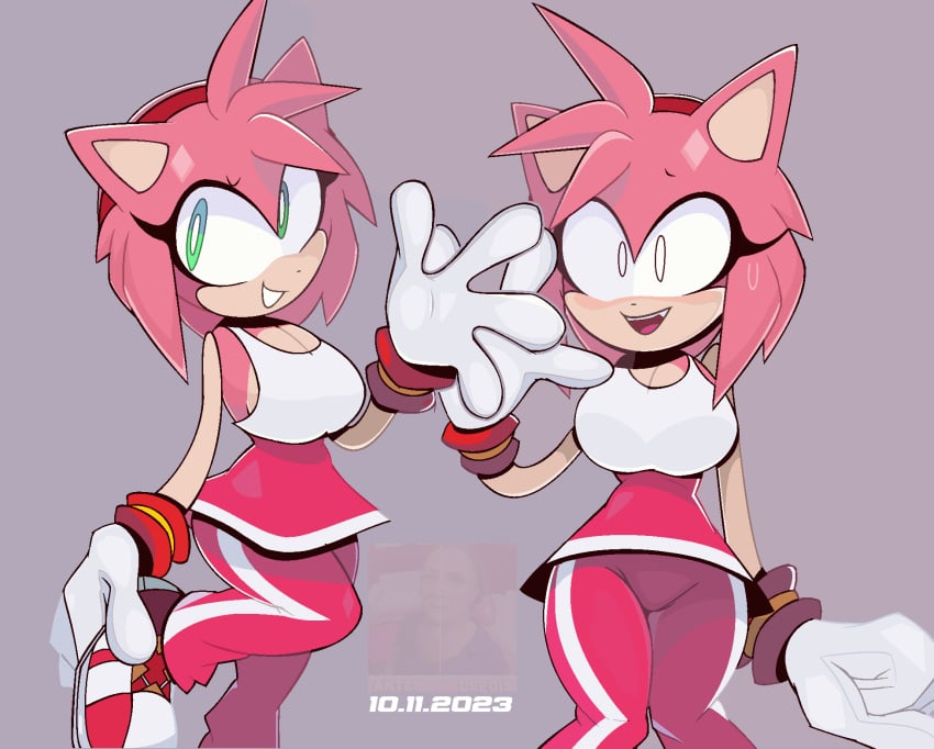 adorable amy_rose big_breasts bob_cut cleavage curvy curvy_figure cute dynablade2 embarassed gray_background green_eyes hips large_hands meme nervous nervous_expression nervous_face nervous_female nervous_smile nervous_sweat nervous_sweating pink_hair slight_blush sonic_(series) sonic_riders sonic_the_hedgehog_(series) sweatdrop sweating