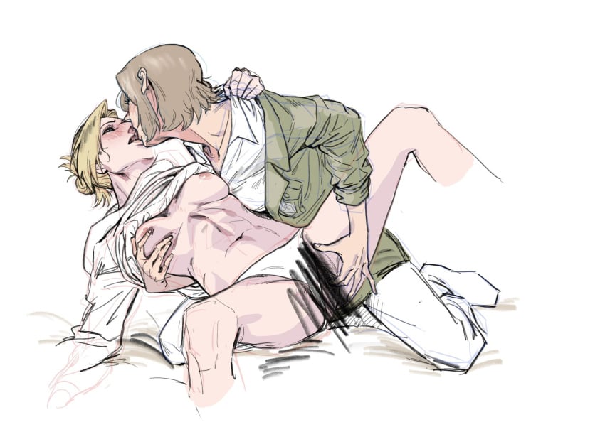 2girls annie_leonhardt attack_on_titan blonde_hair blue_eyes breast_grab breasts brown_hair censored censored_pussy closed_eyes clothed_female_nude_female female_pubic_hair finger_fuck fingering fingering_partner french_kiss functionally_nude groping hair_bun hitch_dreyse hoodie kissing looking_at_partner military_uniform nipples no5frontiers panties panties_aside partially_clothed partially_colored pubic_hair pubic_hair_peek shingeki_no_kyojin shirt_pull short_hair spread_legs uniform white_background white_panties yuri