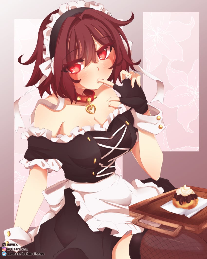 1girls 2d aged_up alternate_costume artist_name bare_shoulders blush breasts brown_hair cake female_frisk finger_in_mouth food frisk heart_choker large_breasts looking_at_viewer maid maid_headdress maid_uniform nuvex red_eyes short_hair sitting solo solo_female spiked_collar spikes stockings tagme underfell underfell_frisk undertale undertale_(series) undertale_au